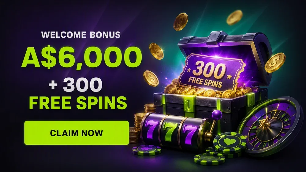 Welcome bonus banner showing A$6,000 and free spins